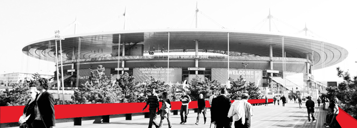 Montage de mise en situation de notre brevet connecté Beep-Beep participant à l’autosurveillance des voies de circulation routière et piétonnes du Stade de France