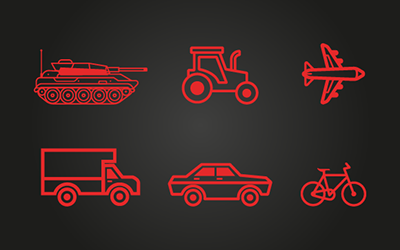 Schéma de l’ensemble des véhicules ou CKP Engineering intervien, char militaire, voiture, aéronautique, poids lourds, vélos, agricoles.